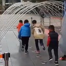 miniature pour Des enfants courent sous un tunnel de jets d'eau