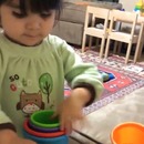 miniature pour Une petite fille toute heureuse d'avoir réussi à empiler des gobelets